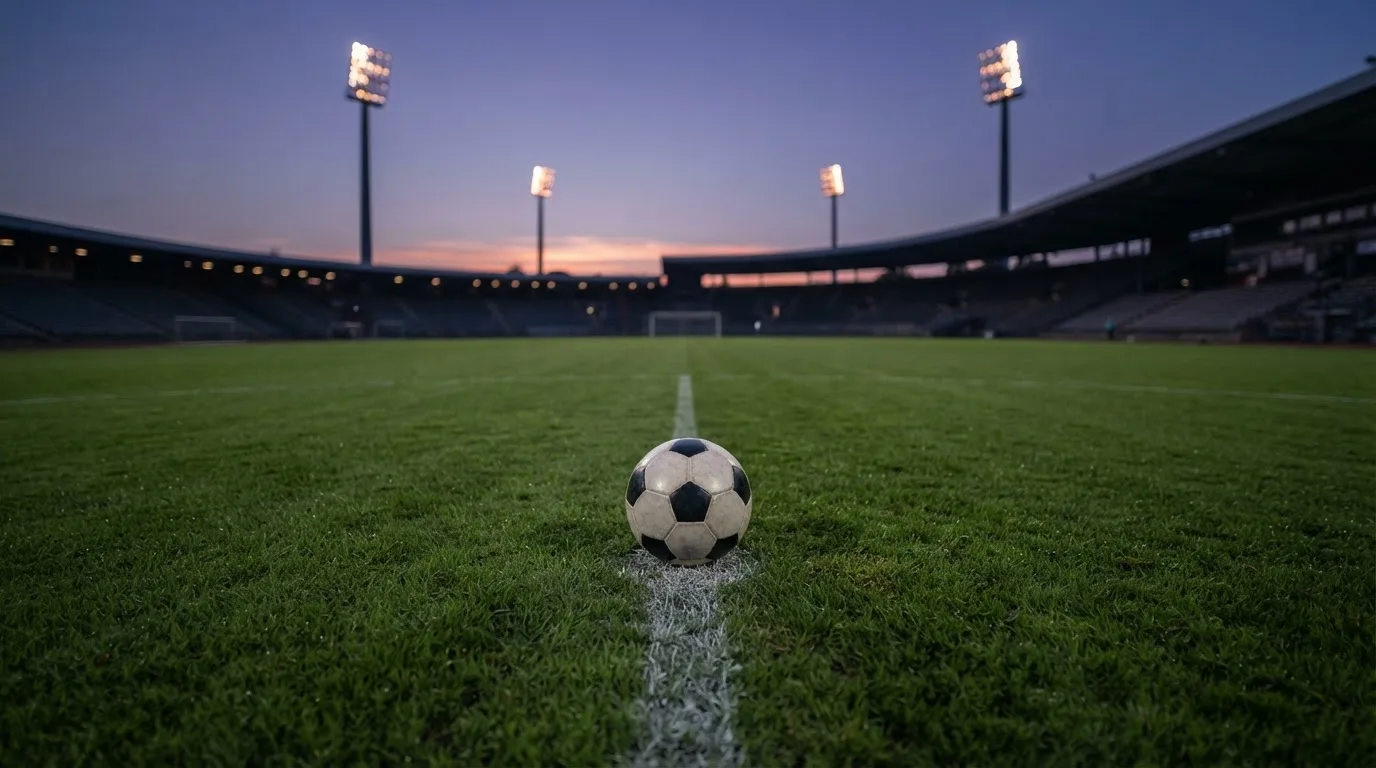Ein Fußball liegt im Gras eines leeren Platzes, im Hintergrund stehen Flutlichtmasten in der Dämmerung.