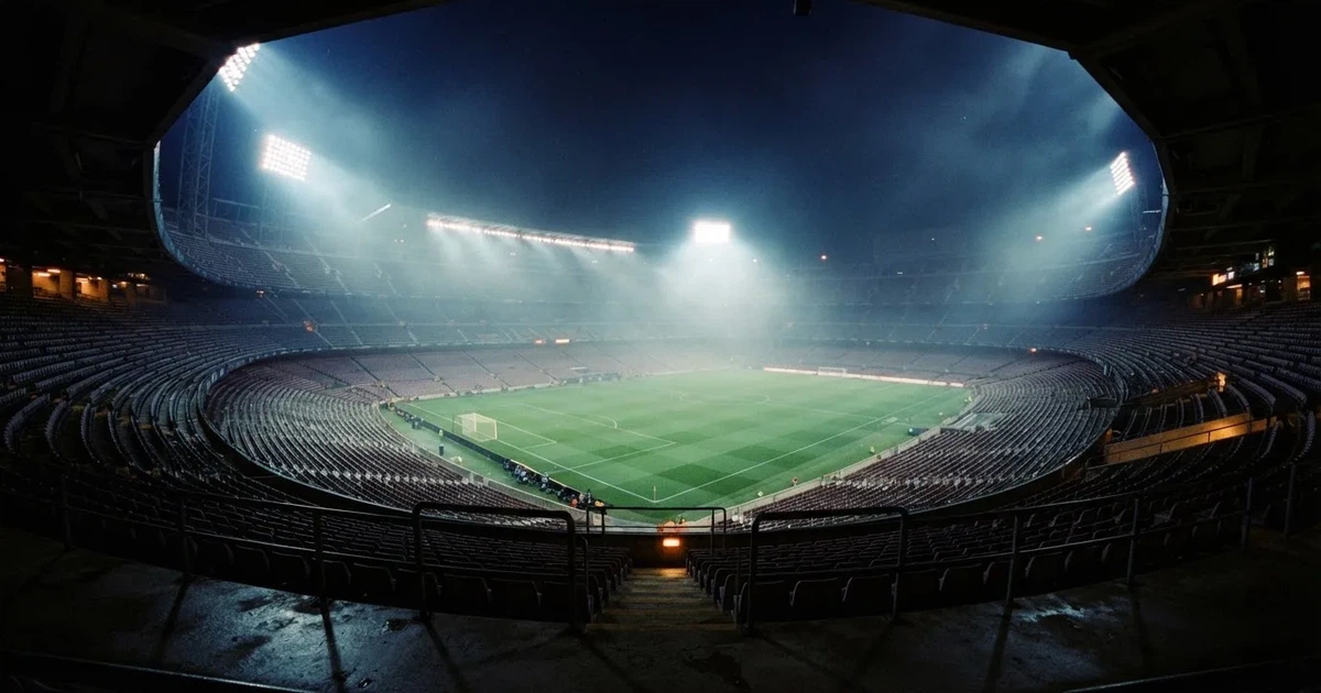 Ein leeres Stadion unter Flutlicht aus großer Entfernung gesehen, Dunst liegt über dem Rasen, die Tribünen sind nur als Lichtpunkte erkennbar.