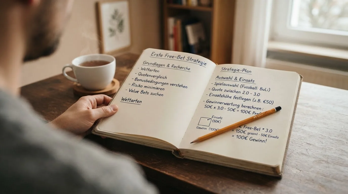 Ein aufgeschlagenes Notizbuch mit handschriftlichen Skizzen und ein Bleistift liegen auf einem Schreibtisch neben einer Tasse Tee.