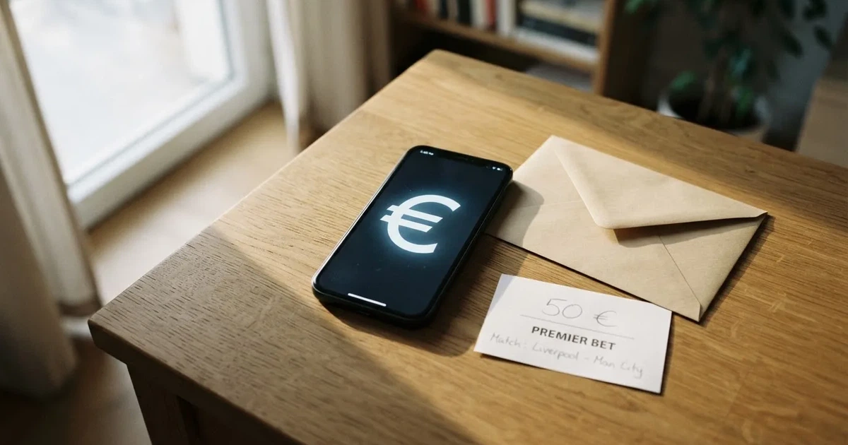 Ein leerer Umschlag und eine Münze liegen auf einer Tischplatte neben einem Smartphone mit dunklem Display.