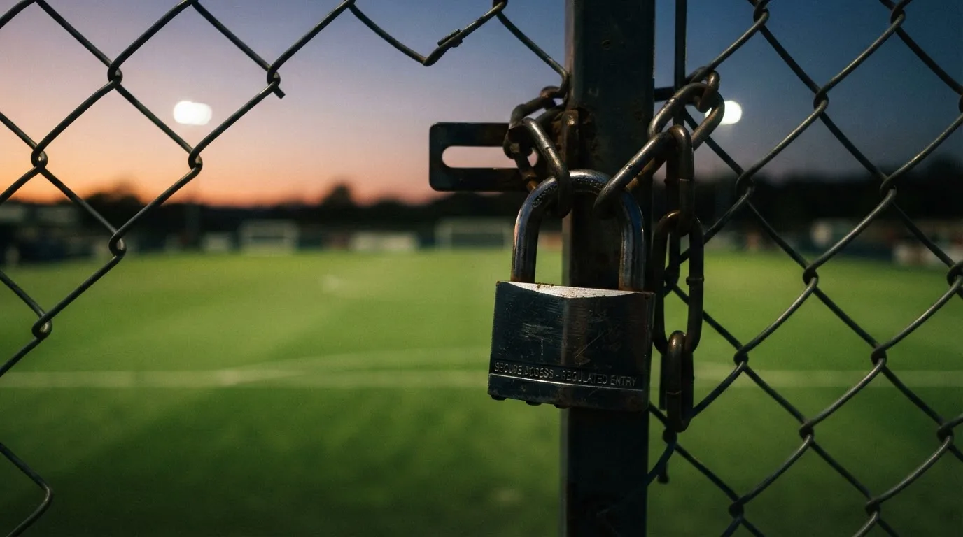 Ein Vorhängeschloss hängt an einem Metalltor in der Dämmerung, im Hintergrund unscharf ein Fußballplatz.