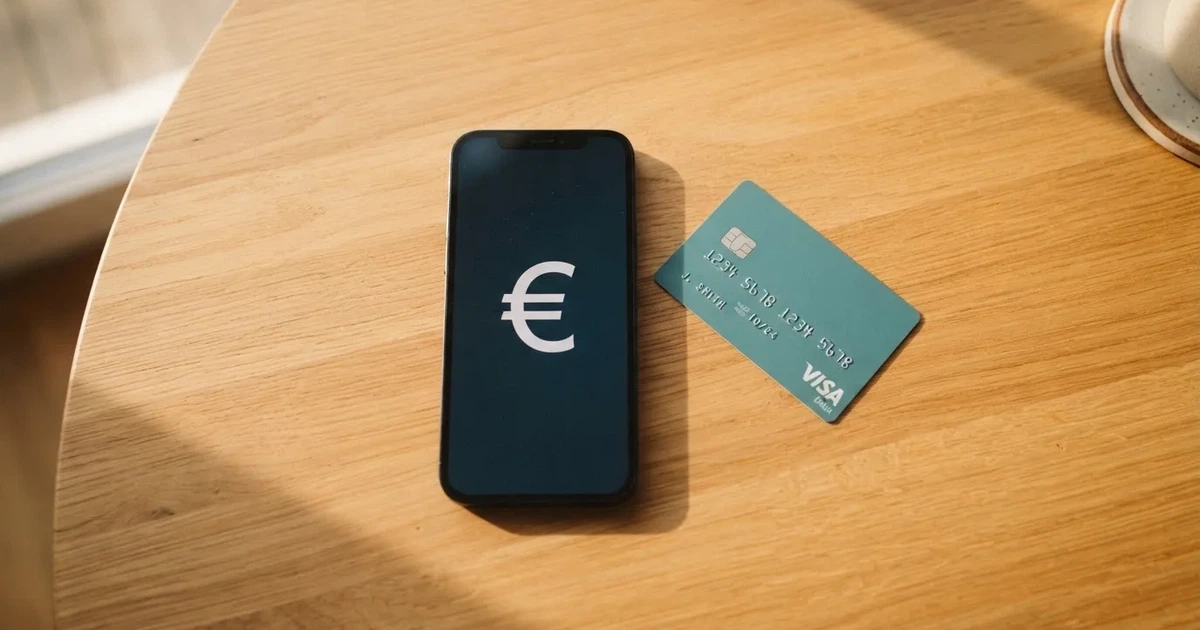 Eine Plastikkarte ohne Aufdruck liegt neben Münzen und einem Smartphone mit dunklem Display auf einem hellen Tisch.
