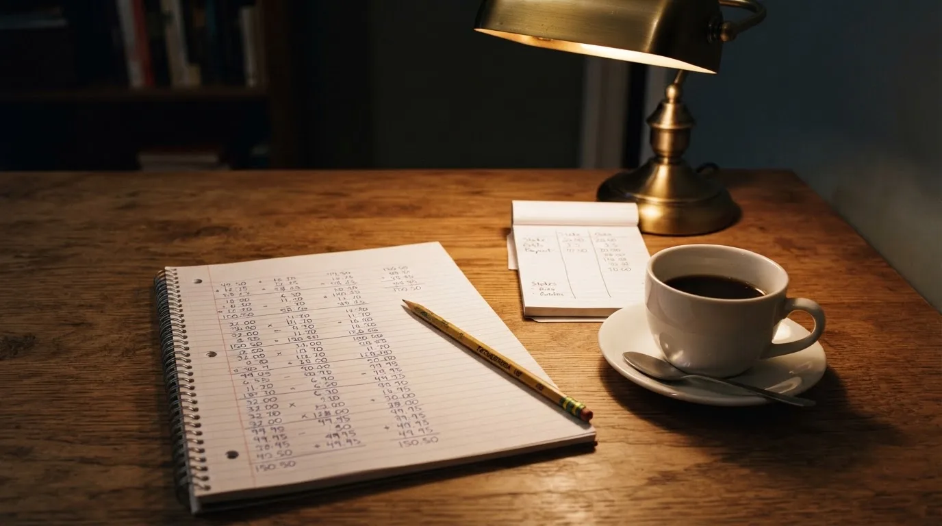 Ein Taschenrechner und ein Bleistift liegen auf einem Schreibtisch neben einer Tasse Kaffee im Licht einer Lampe.