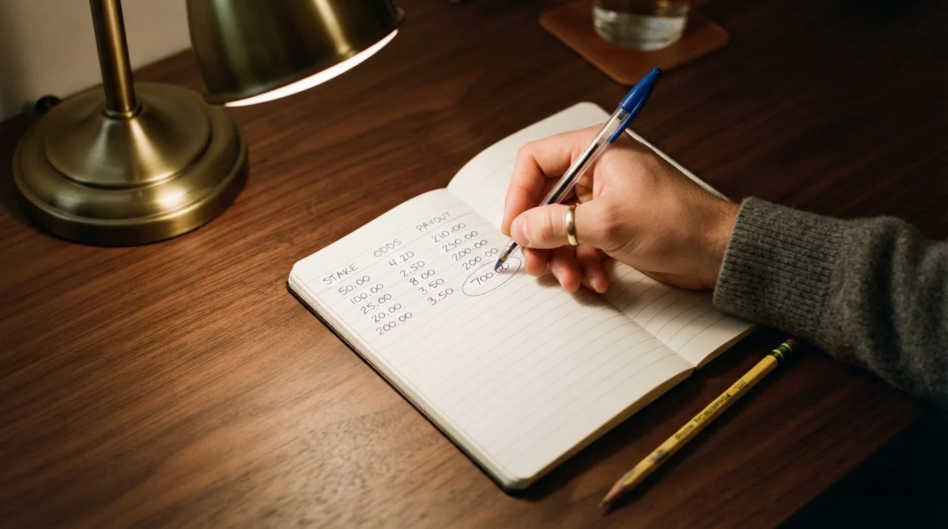 Ein Taschenrechner und ein aufgeschlagenes Notizbuch mit handschriftlichen Zahlenreihen liegen unter einer Schreibtischlampe.
