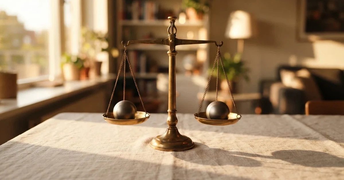 Eine Balkenwaage aus Messing steht im Gleichgewicht auf einem hellen Tisch, links und rechts liegt je eine Münze.