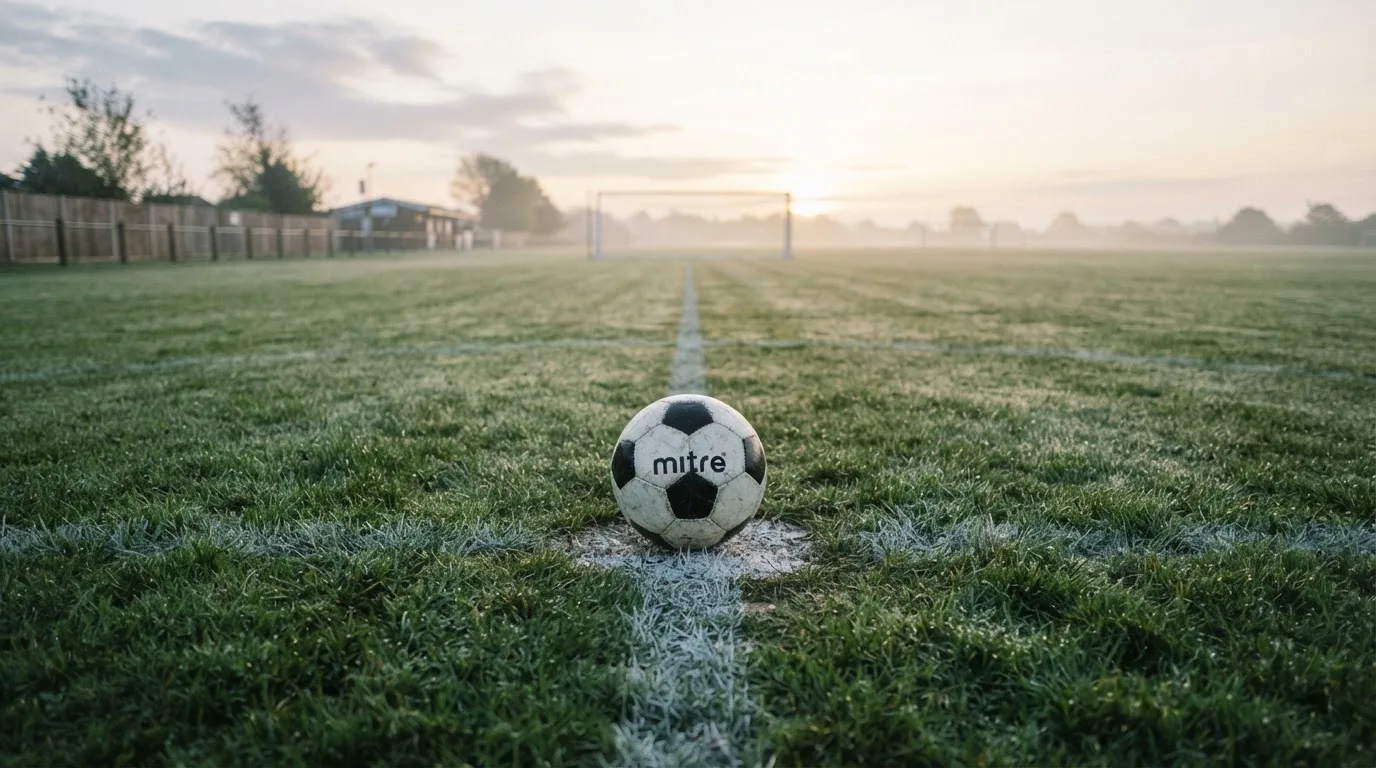 Ein Fußball liegt allein auf dem Anstoßpunkt eines leeren Rasenplatzes im Morgenlicht, am Rand ein niedriger Zaun.