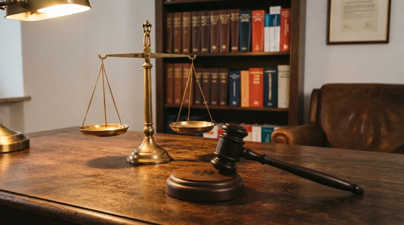 Eine Balkenwaage aus Messing steht neben einem hölzernen Richterhammer auf einem dunklen Pult, im Hintergrund ein unscharfes Bücherregal.