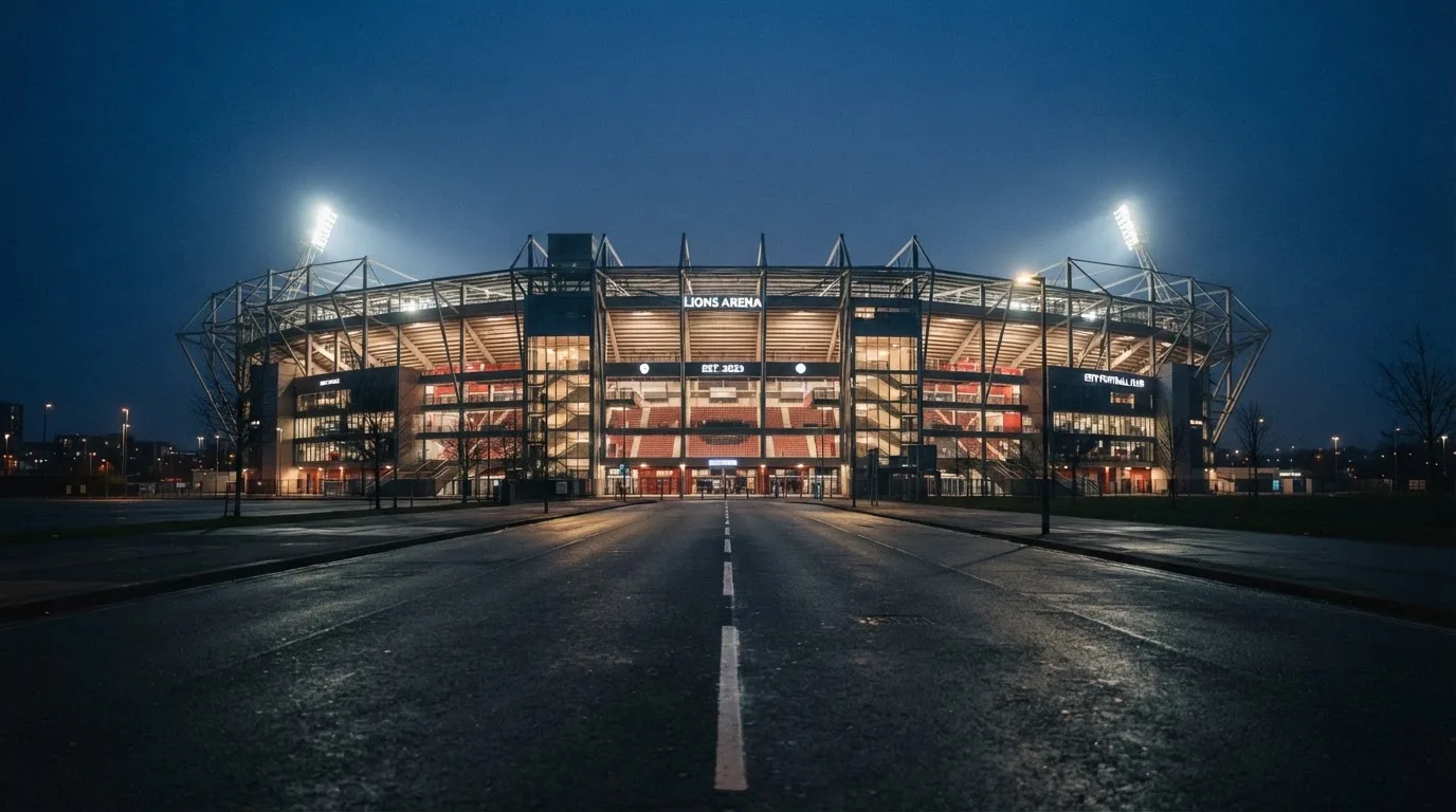 Ein Stadion unter Flutlicht aus der Ferne gesehen, davor eine leere Straße in der Abenddämmerung mit leichtem Dunst.