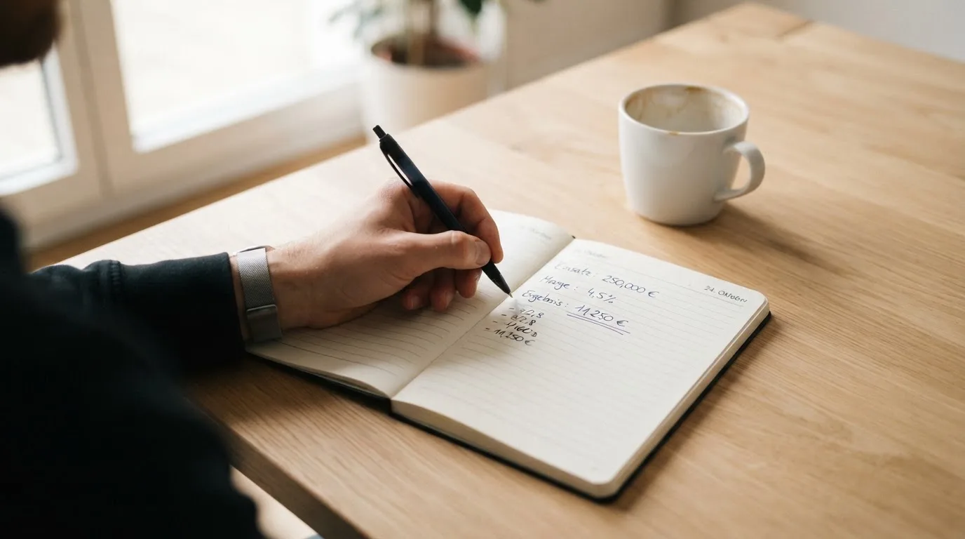 Ein Notizbuch mit handschriftlichen Rechnungen und ein Taschenrechner liegen auf einem hellen Schreibtisch neben einer Kaffeetasse.
