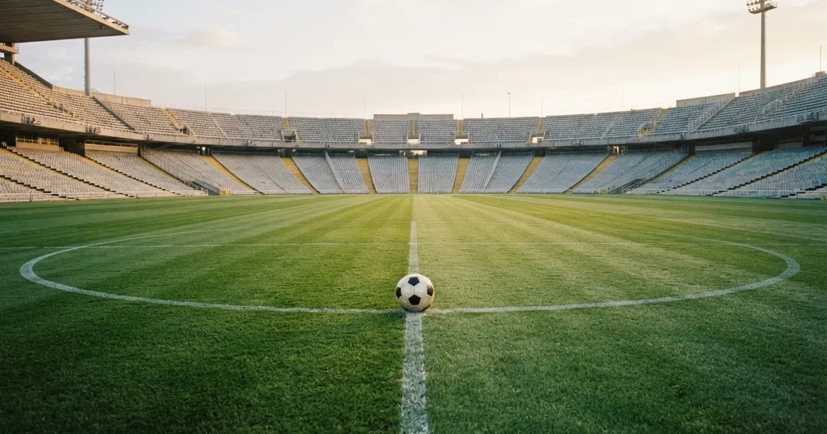 Ein Fußball liegt auf dem Anstoßpunkt eines Rasenplatzes, dahinter leere Tribünen im Licht des frühen Morgens.