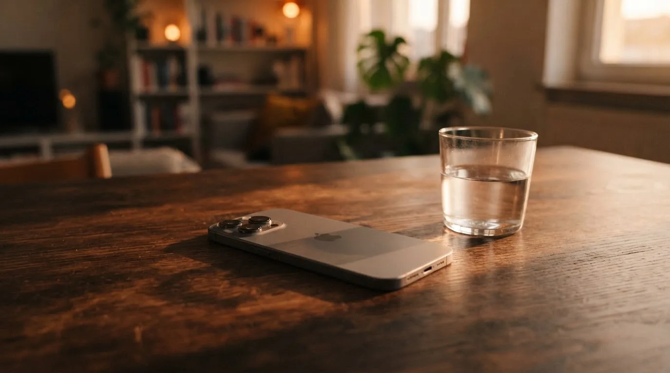 Ein Smartphone liegt mit dem Display nach unten auf einem Holztisch neben einem Glas Wasser, Abendlicht fällt durch ein Fenster.