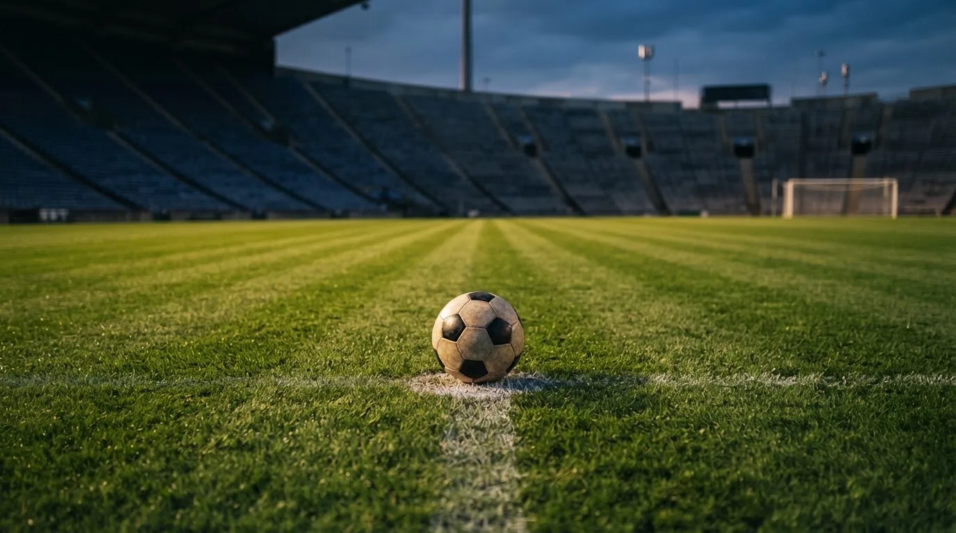 Ein Fußball liegt auf dem Anstoßpunkt eines leeren Rasenplatzes, dahinter ragen dunkle Ränge in den Abendhimmel.