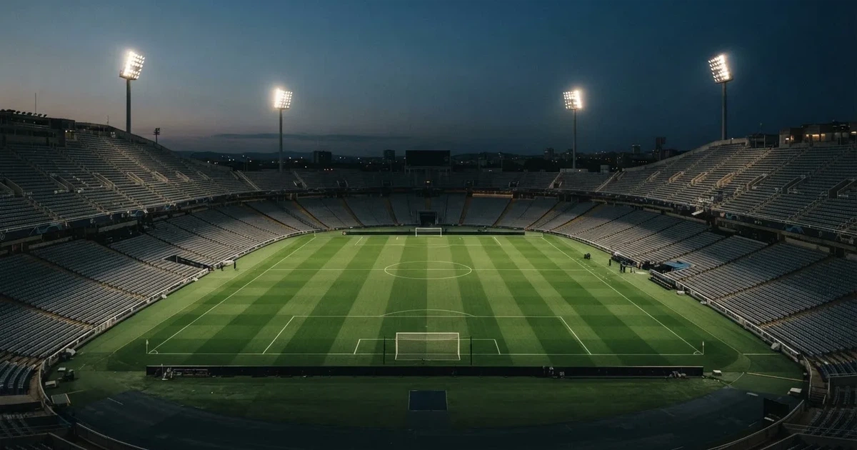 Ein Fußballstadion am Abend unter Flutlicht aus der Ferne gesehen, die Tribünen sind leicht beleuchtet und der Himmel dunkelblau.