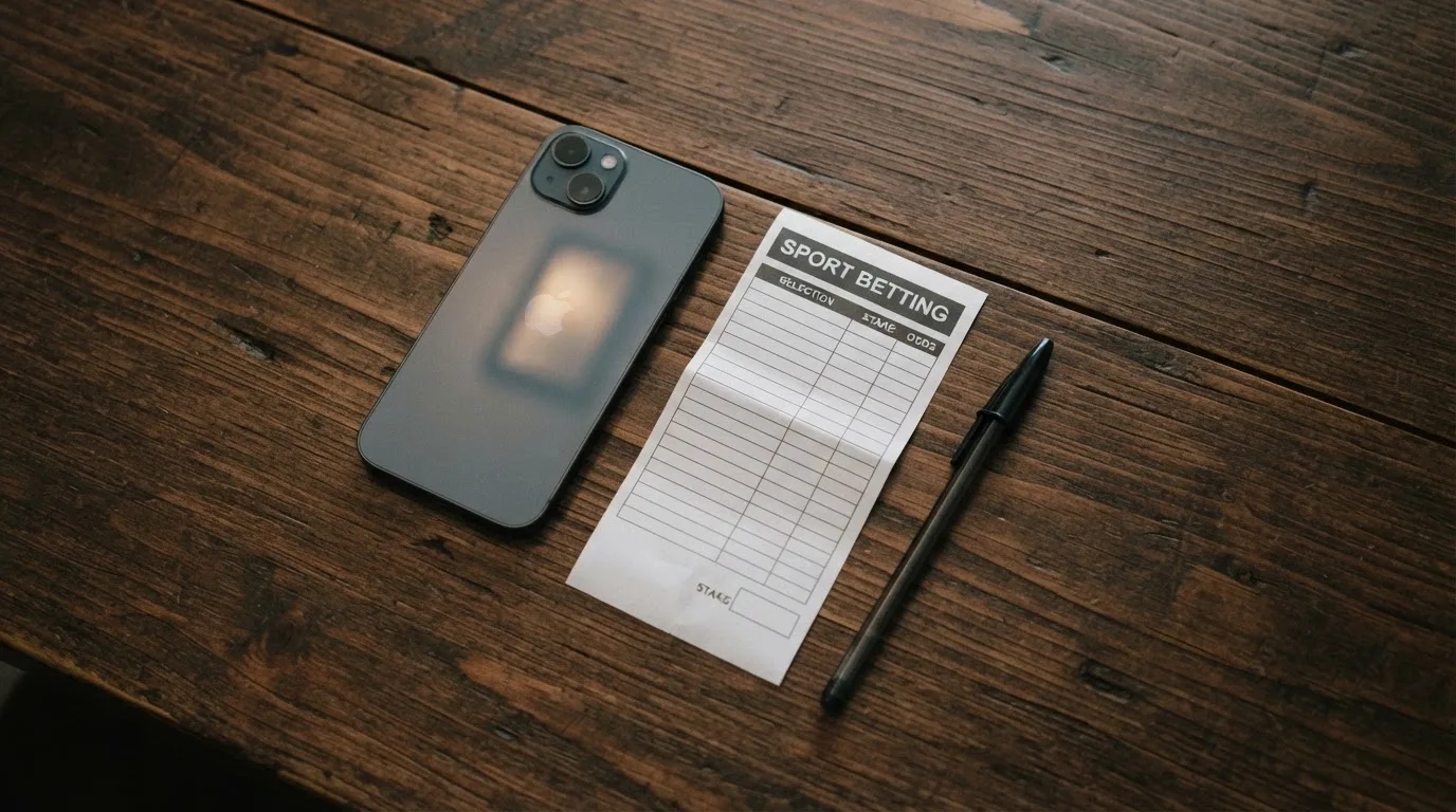 Ein Smartphone mit dunklem Display liegt neben einem leeren Papier-Wettschein und einem Stift auf einem Holztisch.