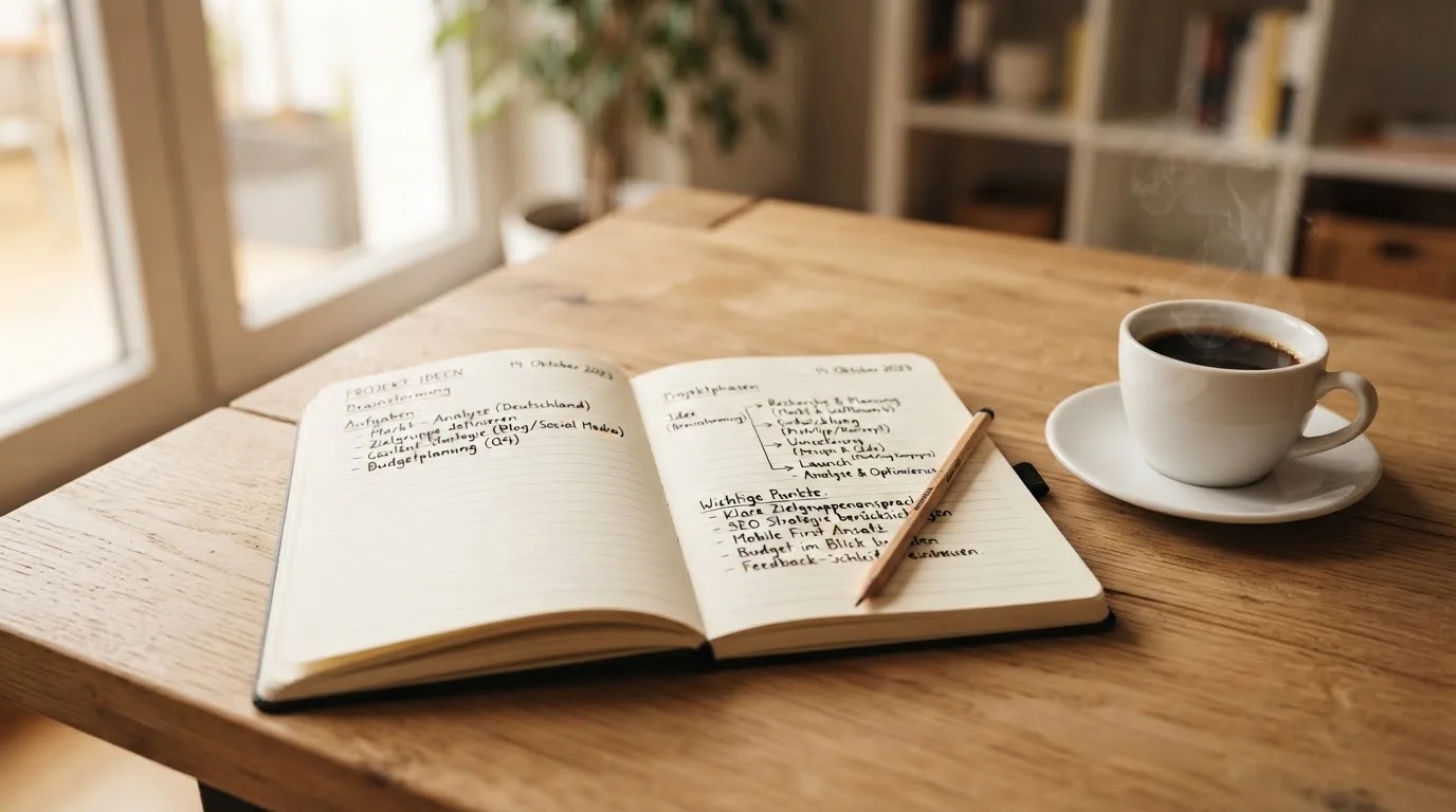 Ein Notizbuch mit handschriftlichen Notizen und einem Bleistift liegt auf einem Tisch, daneben steht eine Kaffeetasse im Morgenlicht.