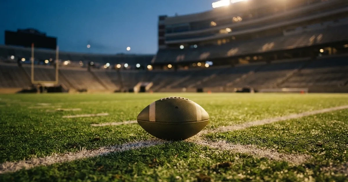Ein American-Football-Ball liegt auf einem Rasenplatz unter Flutlicht, im Hintergrund eine große Tribüne in der Dämmerung.