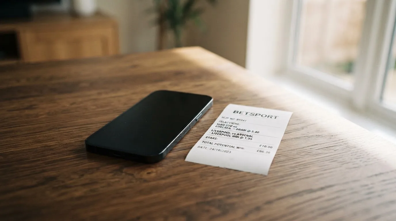 Ein Smartphone liegt mit dunklem Display auf einem Holztisch neben einem leeren Papier-Wettschein, Licht fällt von einem Fenster.