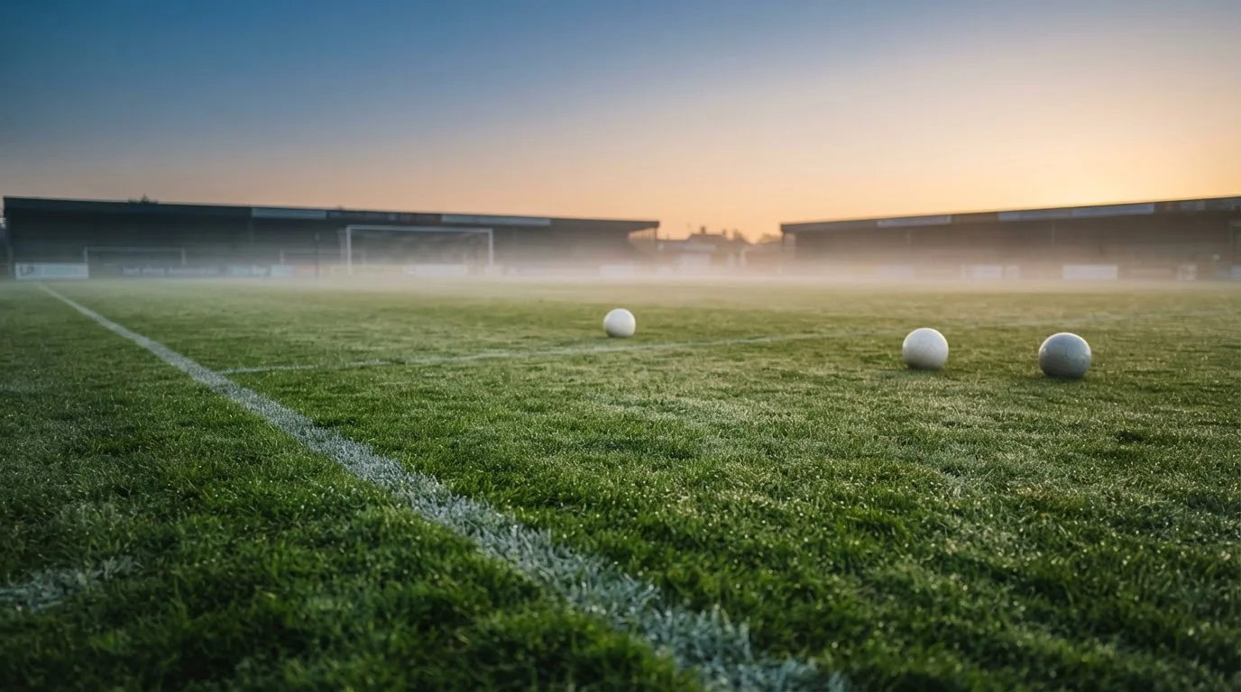 Mehrere Fußbälle liegen verstreut auf einem Rasenplatz am frühen Morgen, Tau glänzt auf dem Gras.