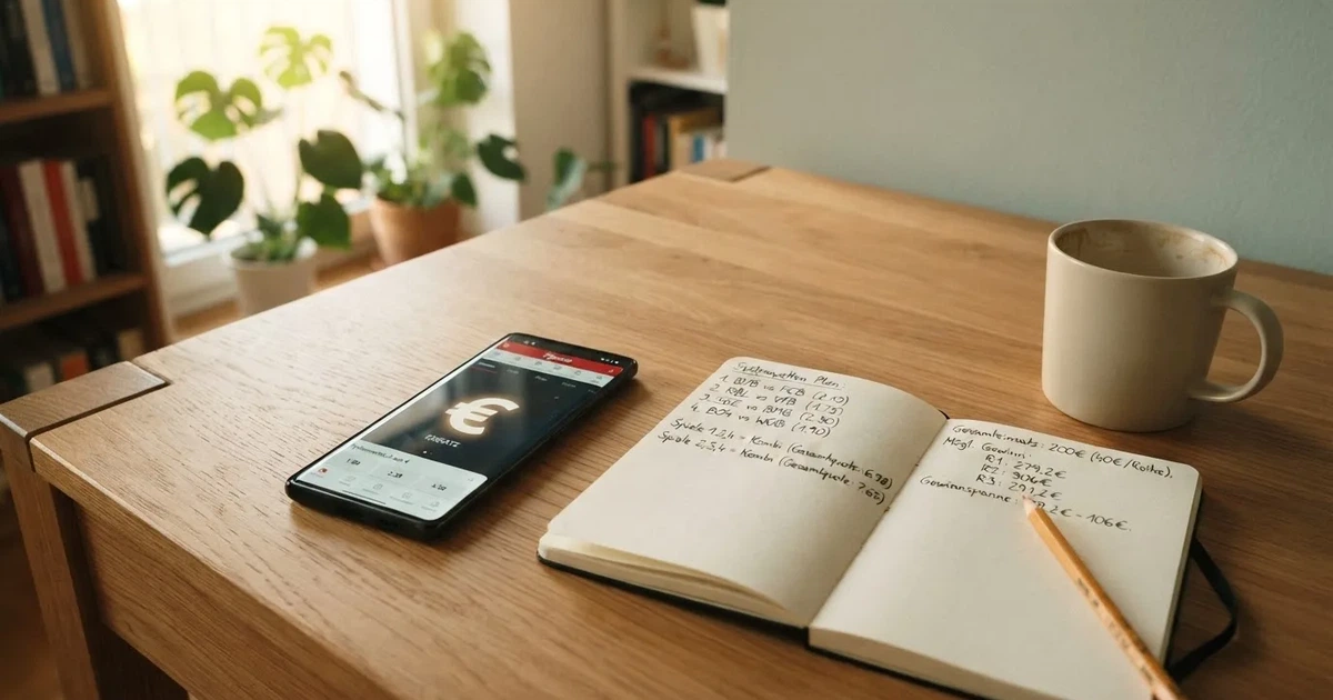 Ein Notizbuch mit handschriftlichen Notizen und einem Bleistift liegt neben einem Taschenrechner auf einem aufgeräumten Schreibtisch.