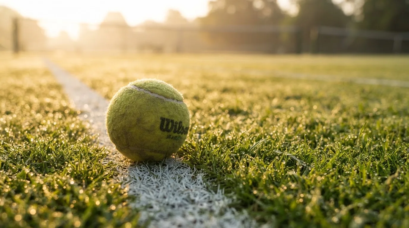Ein Tennisball liegt auf frisch gemähtem Gras neben einer weißen Linie, Tautropfen glänzen im Gegenlicht.