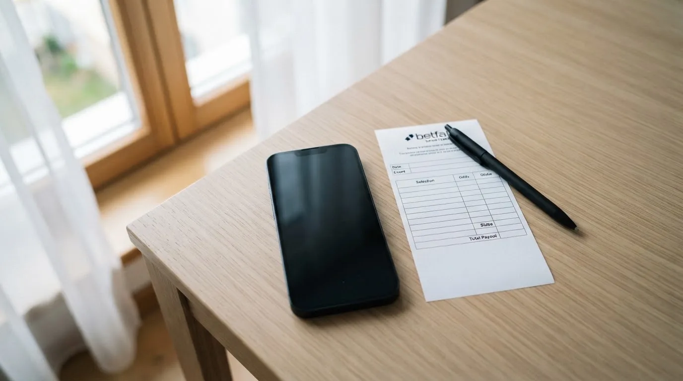 Ein Smartphone mit dunklem Display liegt neben einem leeren Papier-Wettschein auf einem Tisch am Fenster.