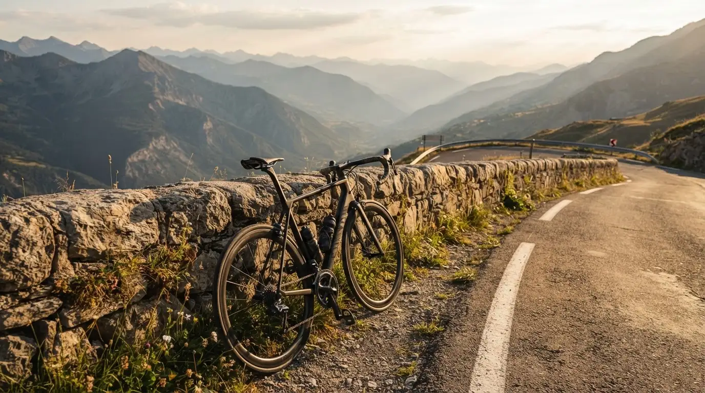 Ein Rennrad lehnt an einer Steinmauer in einer Bergkurve, im Hintergrund eine weite Hügellandschaft im Gegenlicht.