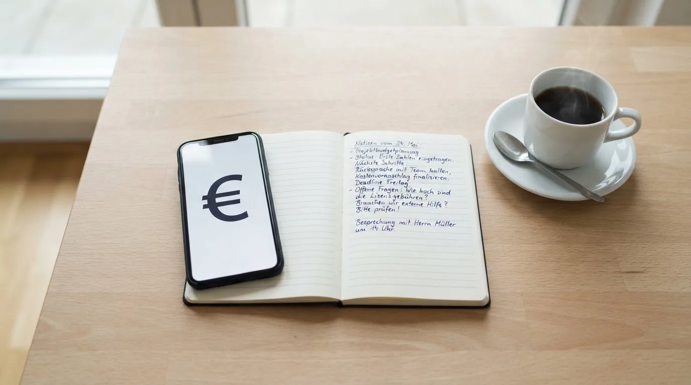 Ein Smartphone liegt auf einem Tisch neben einem Notizbuch mit handschriftlichen Notizen und einer Tasse Kaffee.
