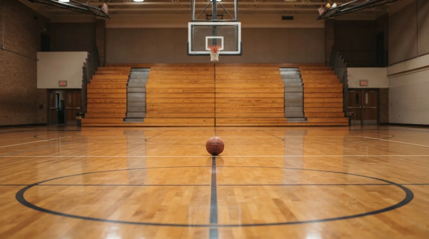 Ein Basketballkorb in einer leeren Halle, der Ball liegt unter dem Brett auf dem Parkett.