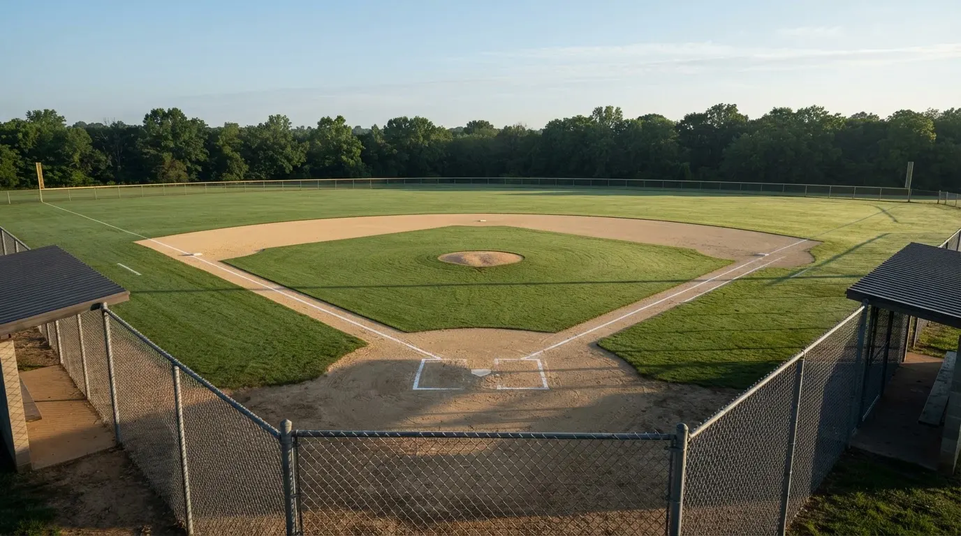 Ein Baseballfeld mit leerem Infield im Morgenlicht, die Linien frisch gezogen, keine Spieler im Bild.