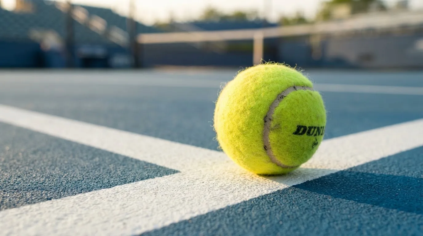Ein Tennisball liegt in Nahaufnahme auf einer Grundlinie, dahinter verschwimmt ein leerer Platz in warmem Licht.