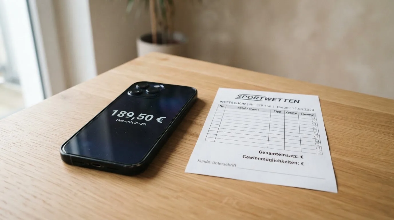Ein Smartphone mit dunklem Display liegt neben einem leeren Papier-Wettschein auf einem Tisch, Licht fällt von der Seite.