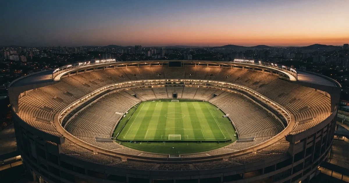 Ein riesiges Stadion in der Abenddämmerung aus der Vogelperspektive gesehen, die Lichter an den Rängen sind eingeschaltet.