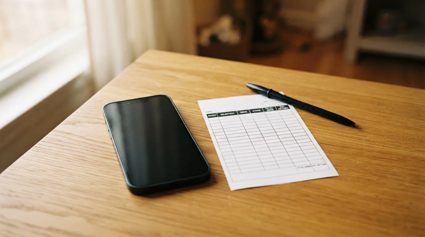 Ein Smartphone liegt mit dunklem Display neben einem leeren Papier-Wettschein und einem Stift auf einem Holztisch.