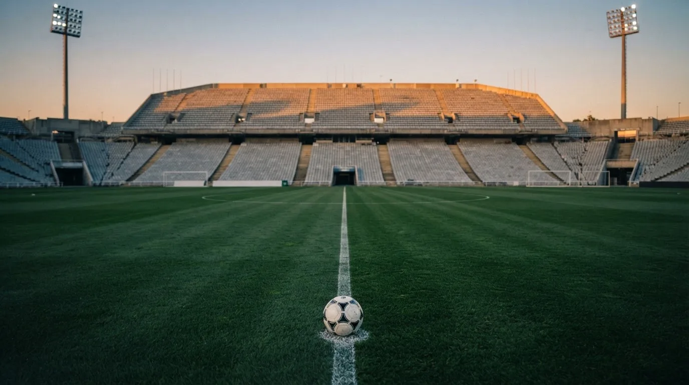 Ein Fußball liegt auf dem Anstoßpunkt eines Rasenplatzes, dahinter eine leere Tribüne im Abendlicht.