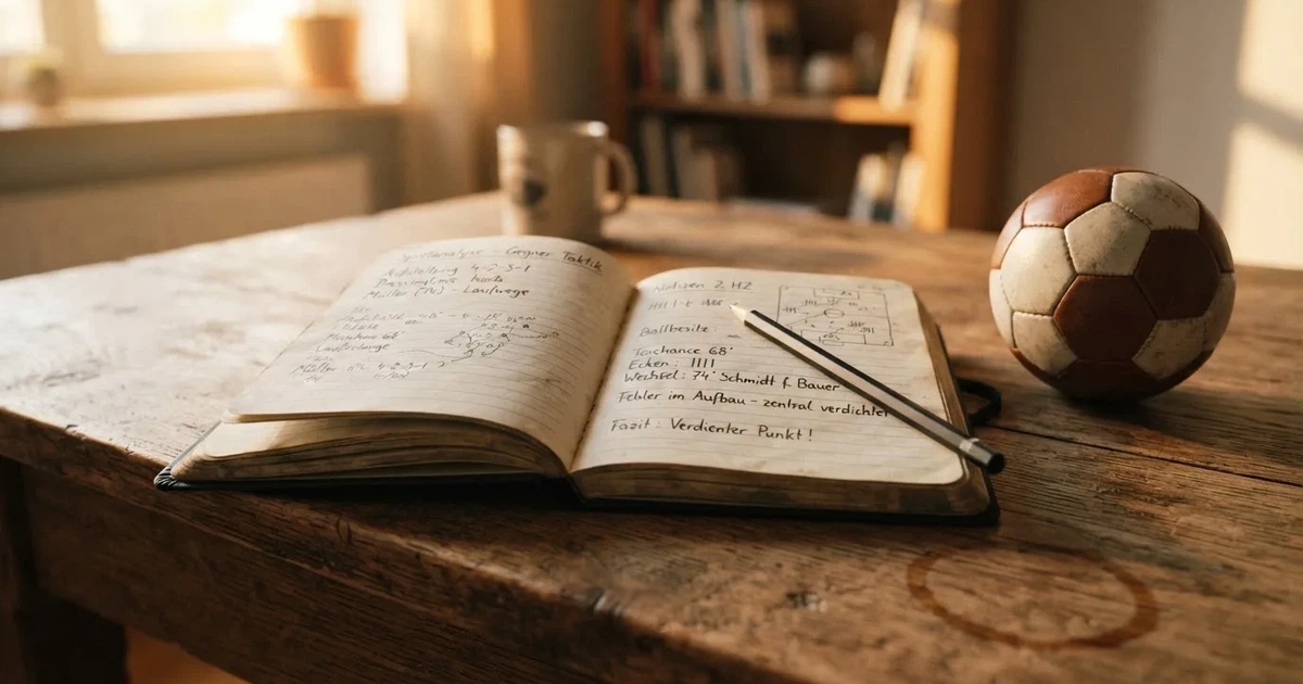 Ein Notizbuch mit handschriftlichen Notizen und einem Bleistift liegt auf einem Holztisch, daneben ein kleiner Fußball im Tageslicht.