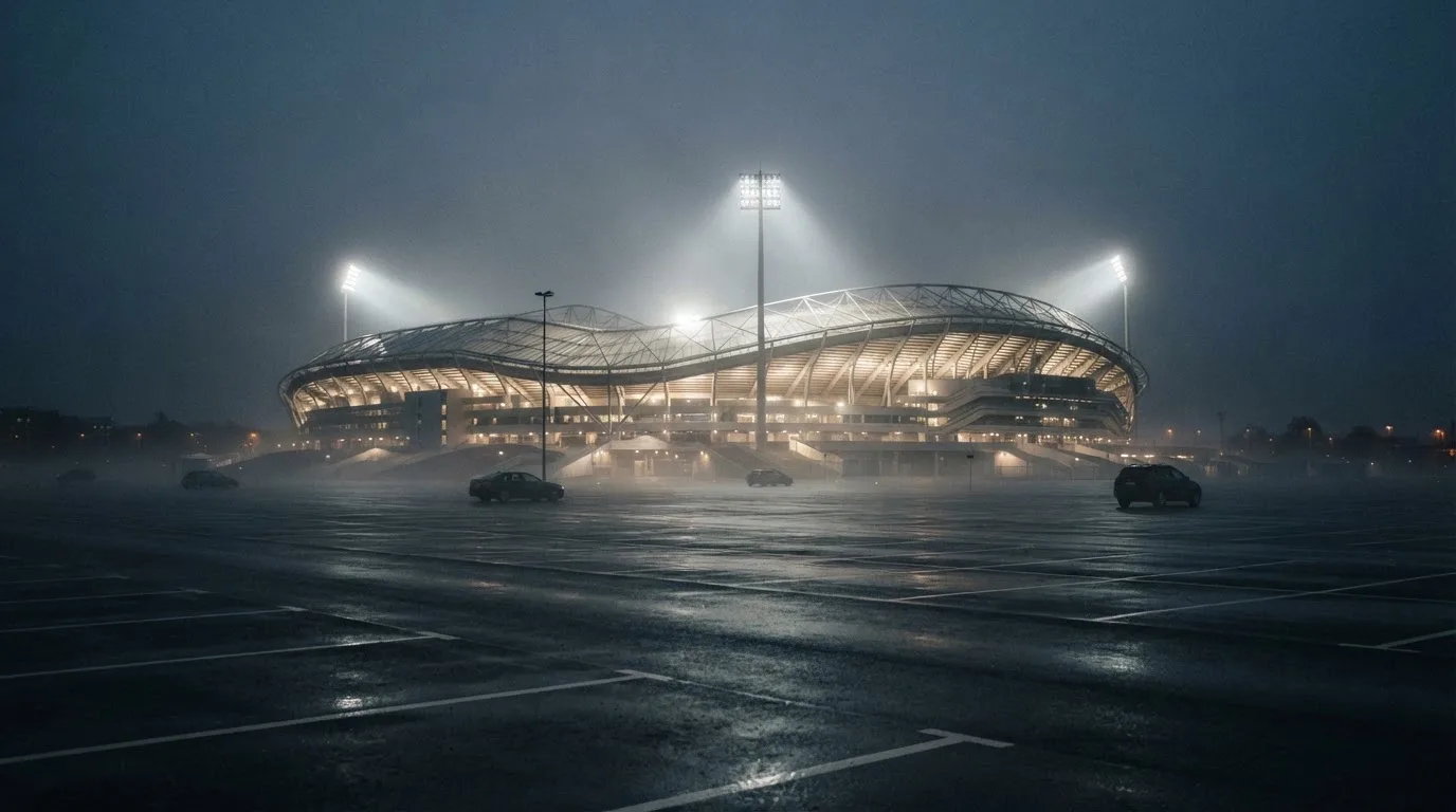 Ein Stadion unter Flutlicht aus der Ferne gesehen, davor ein stiller Parkplatz bei Nebel.