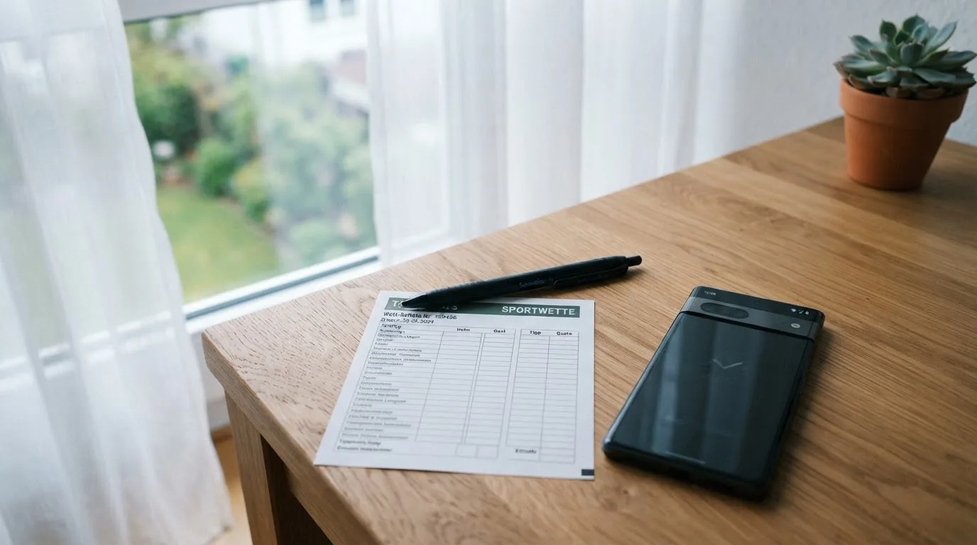 Ein leerer Papier-Wettschein und ein Kugelschreiber liegen neben einem Smartphone mit dunklem Display auf einem Schreibtisch am Fenster.
