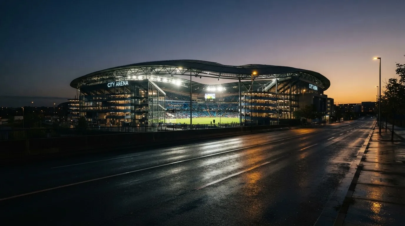 Ein Stadion unter Flutlicht aus großer Entfernung, davor eine leere Straße in der Abenddämmerung.