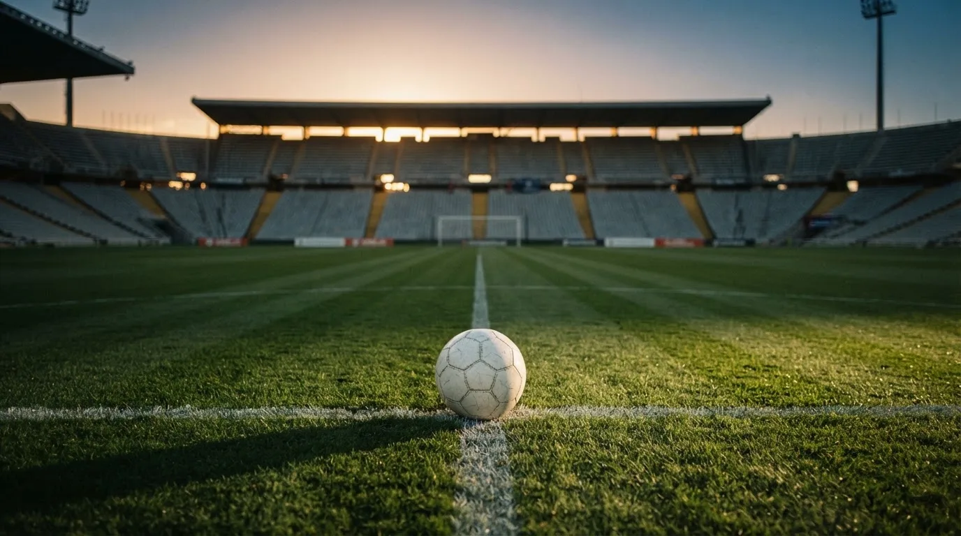 Ein Fußball liegt auf dem Anstoßpunkt eines Rasenplatzes, dahinter eine leere Tribüne im Abendlicht.