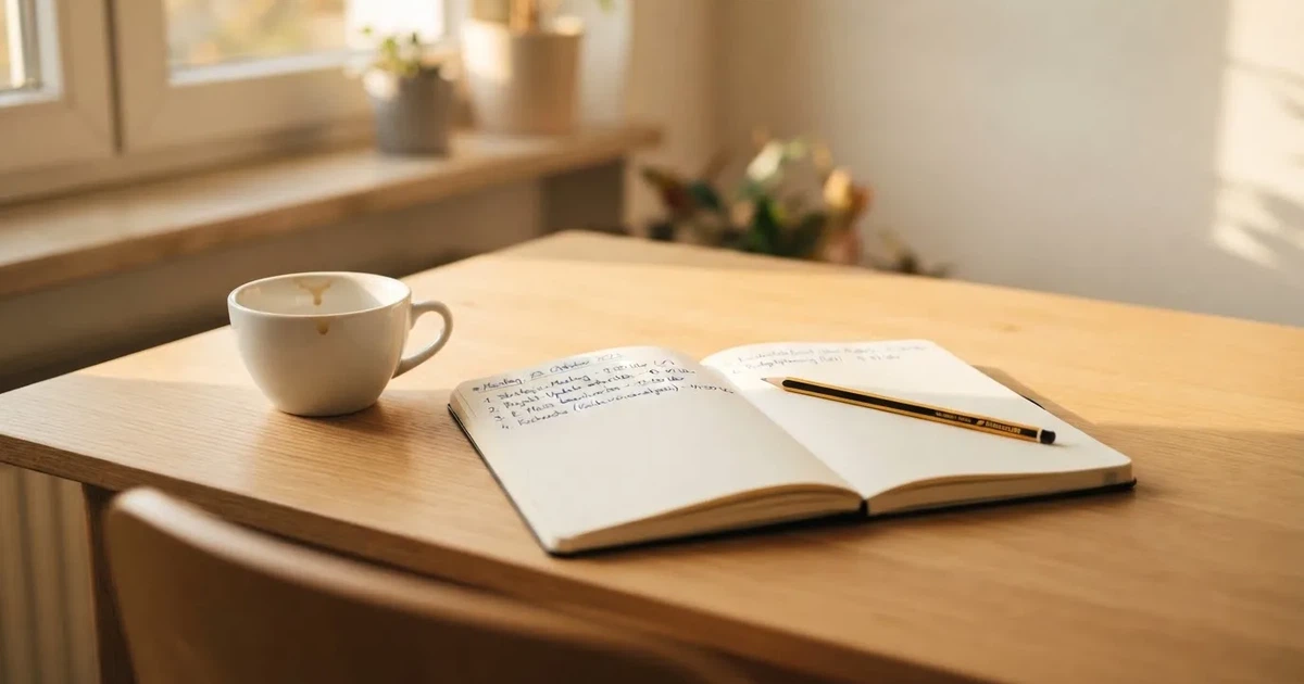 Eine Kaffeetasse, ein Notizbuch mit handschriftlichen Notizen und ein Bleistift auf einem hellen Schreibtisch am Morgen.