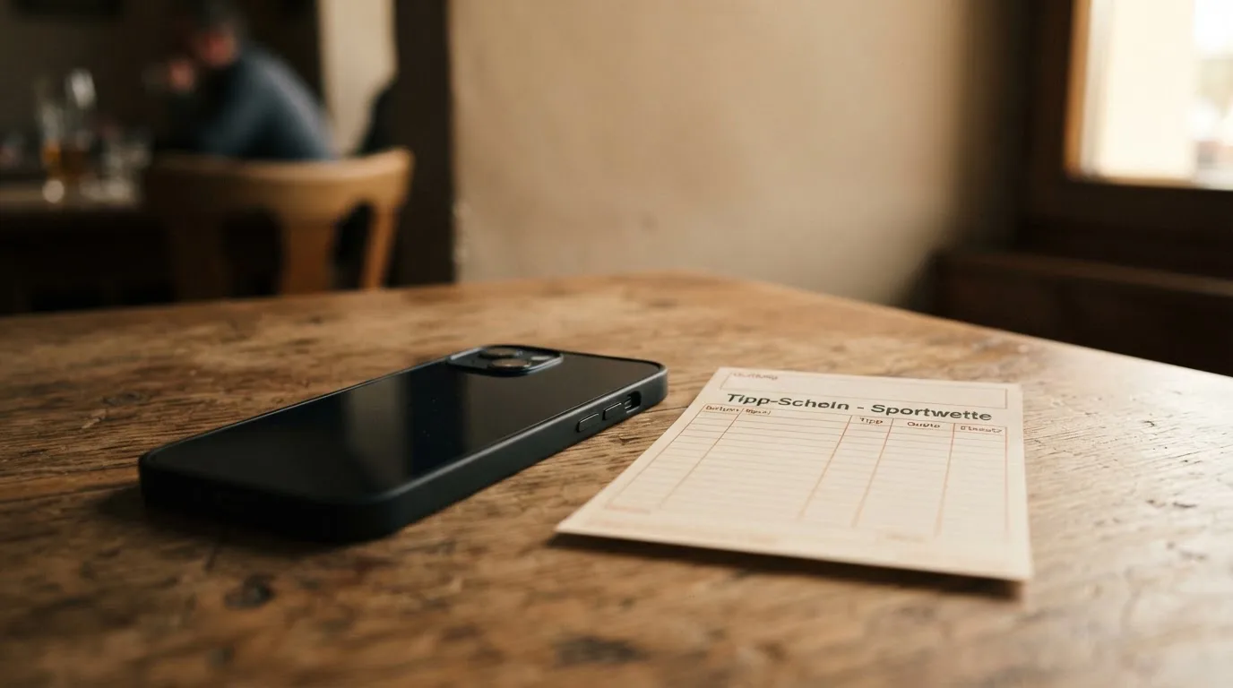 Ein Smartphone mit dunklem Display liegt neben einem leeren Papier-Wettschein auf einem Holztisch, Licht fällt von der Seite.