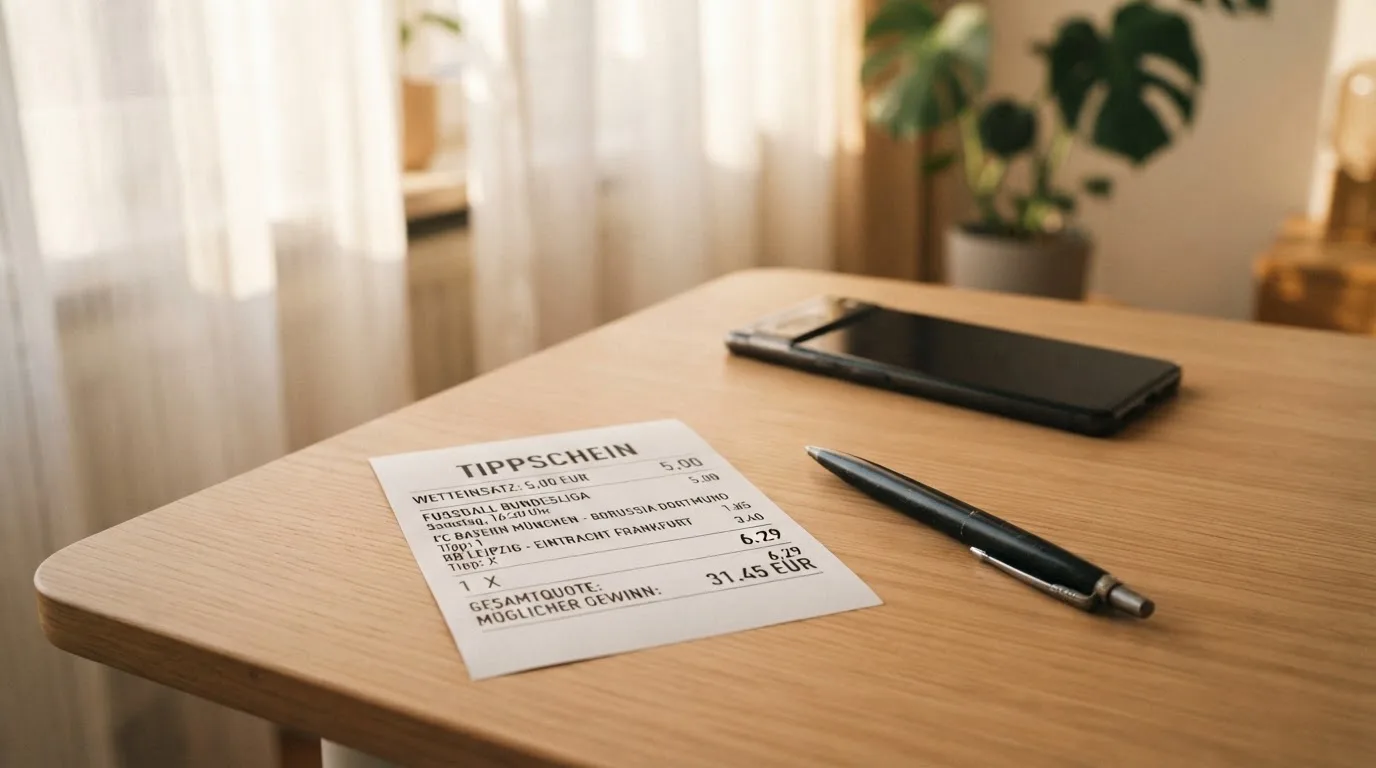 Ein leerer Papier-Wettschein und ein Kugelschreiber liegen neben einem Smartphone mit dunklem Display auf einem Schreibtisch am Fenster.