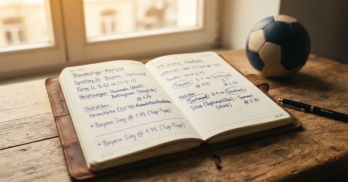Ein Notizbuch mit handschriftlichen Notizen und einem Bleistift liegt auf einem Holztisch, daneben ein kleiner Fußball im Tageslicht.