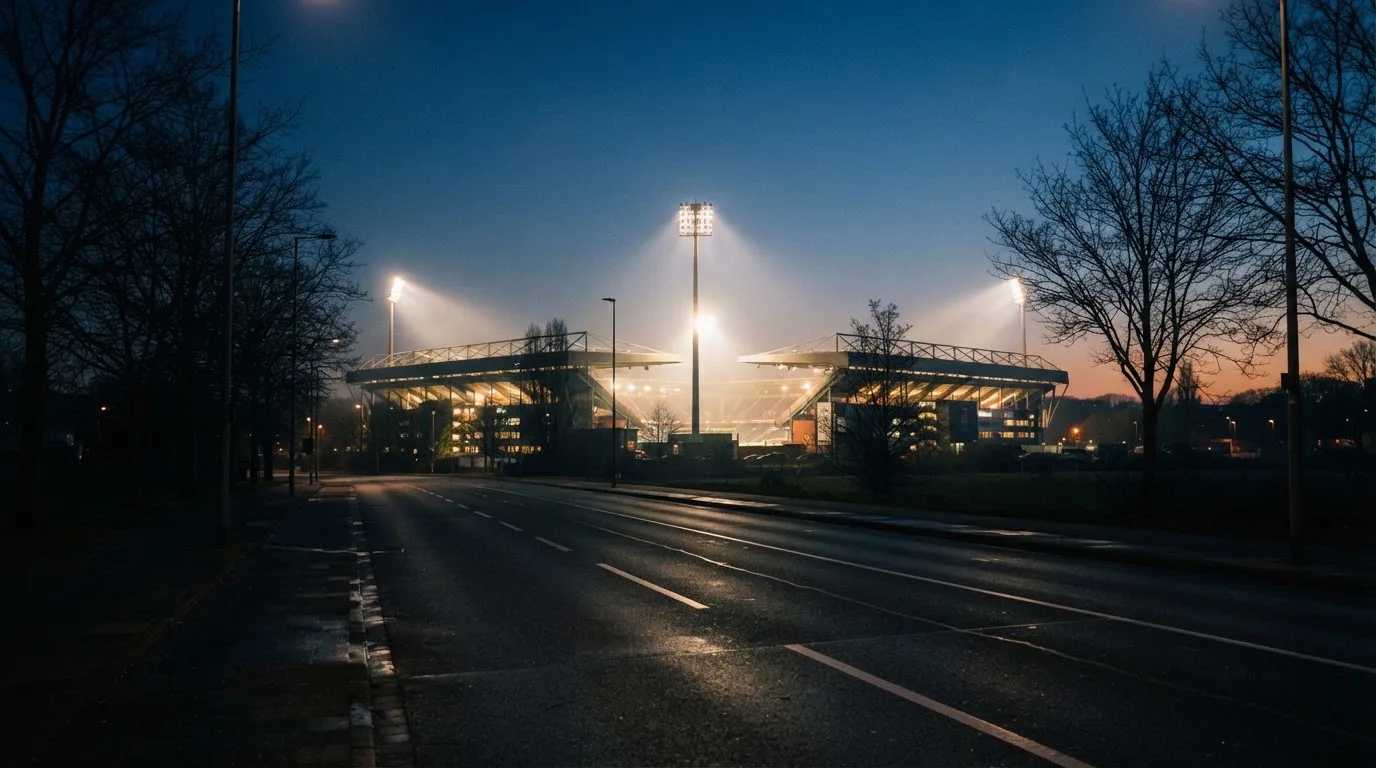Ein Stadion unter Flutlicht aus großer Entfernung, davor eine leere Straße in der Abenddämmerung.