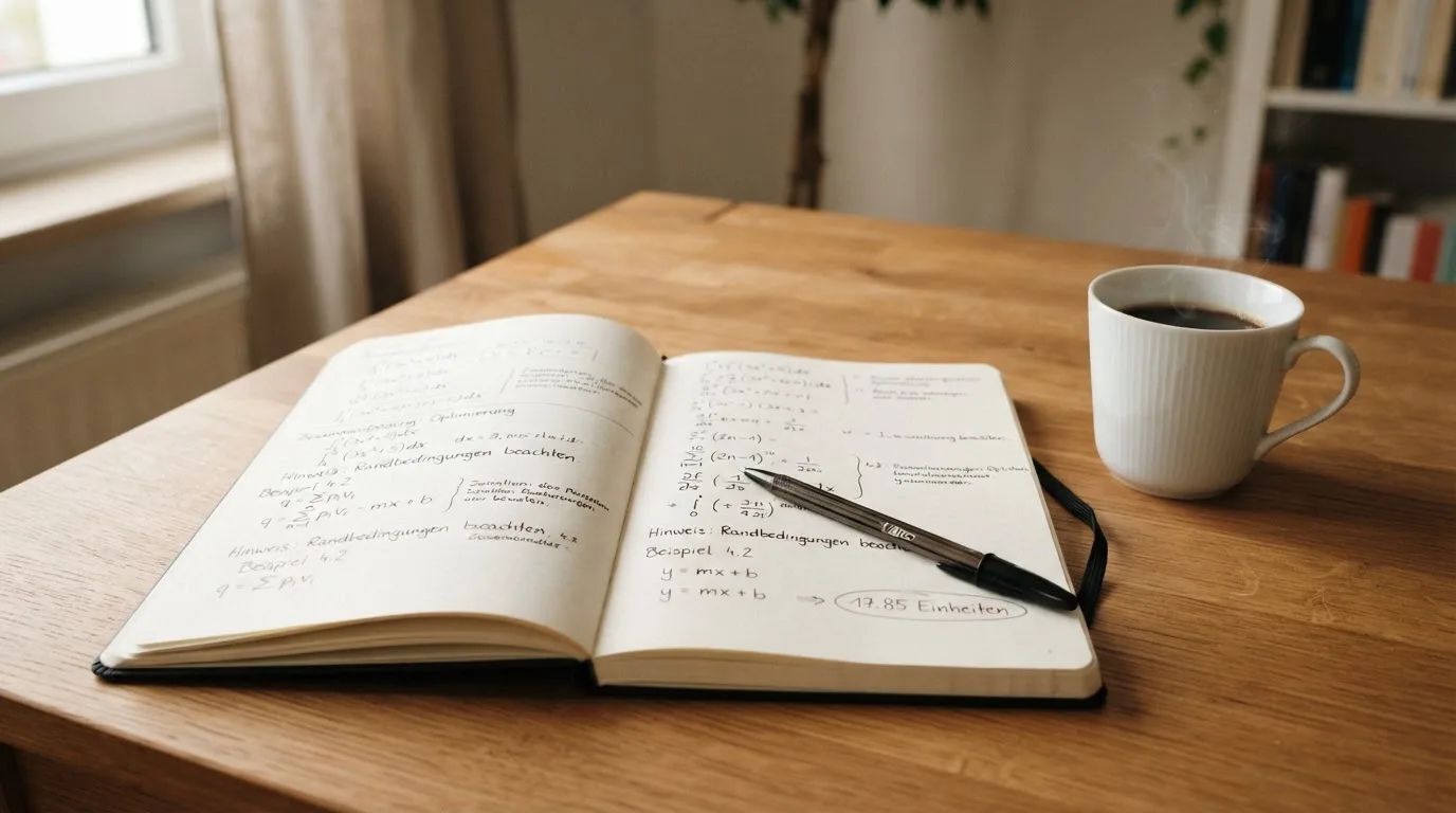 Ein Notizbuch mit handschriftlichen Notizen und ein Taschenrechner stehen auf einem Schreibtisch, daneben eine Tasse.