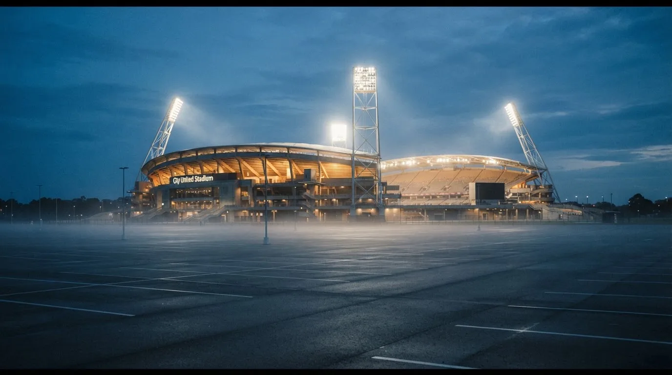 Ein Stadion unter Flutlicht aus der Ferne gesehen, davor ein leerer Parkplatz im Dunst.