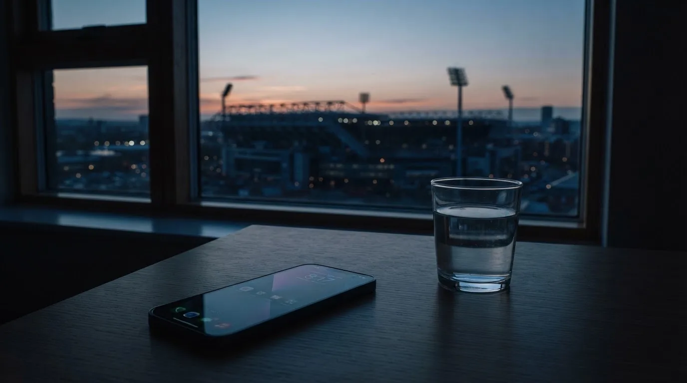 Ein Smartphone mit dunklem Display liegt auf einem Schreibtisch neben einem Glas Wasser, im Fenster dahinter ein Stadion im Dämmerlicht.