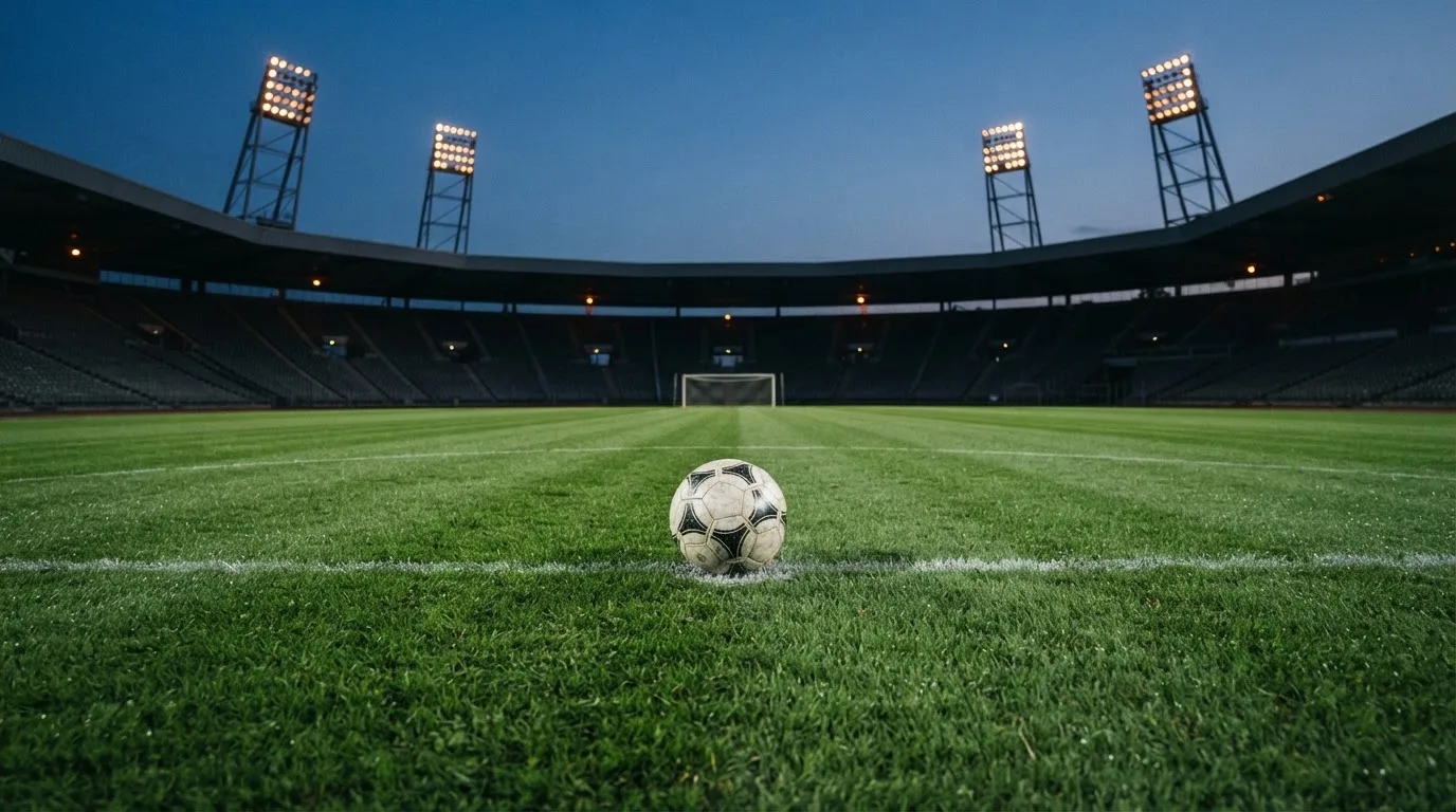 Ein Fußball liegt auf dem Mittelkreis eines leeren Rasenplatzes unter Flutlicht am frühen Abend, die Tribünen sind nur schemenhaft zu erkennen.
