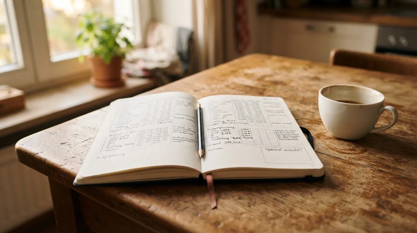Ein Notizbuch mit handschriftlichen Zahlenreihen und ein Bleistift liegen auf einem Küchentisch neben einer Tasse.