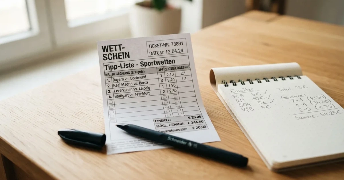 Ein leerer Wettschein aus Papier liegt neben einem Kugelschreiber und einem Taschenrechner auf einem hellen Tisch.